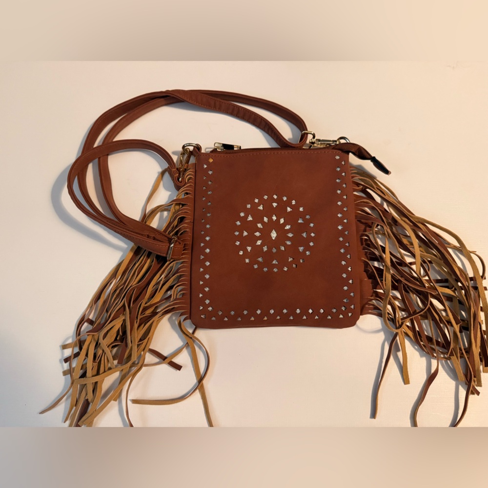 Expressions Tan Crossbody Bag with Fringe and Studs